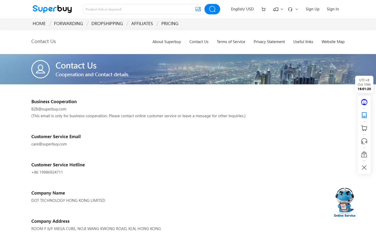 The contact page listing a business address, a service email, a hotline, a company name and a registered address