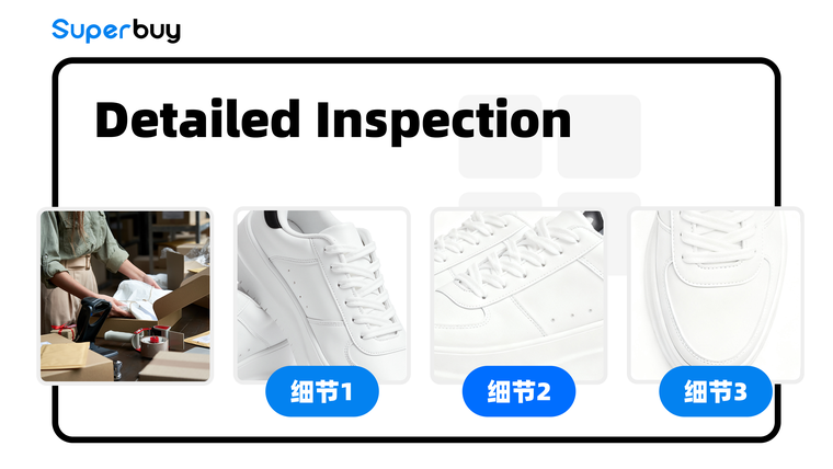 Superbuy's detailed inspection card showing three close-ups of one white shoe