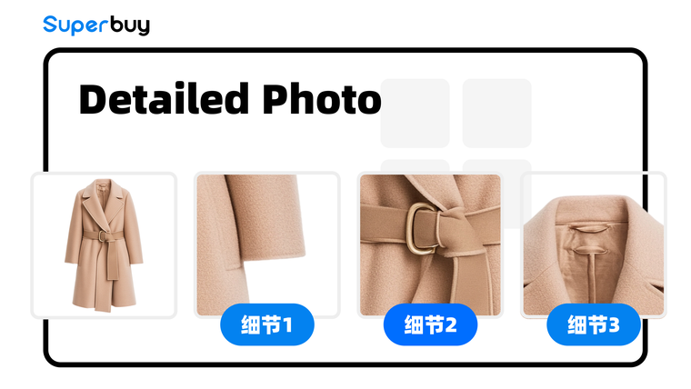 Superbuy's detail photo card showing a coat from three chosen angles