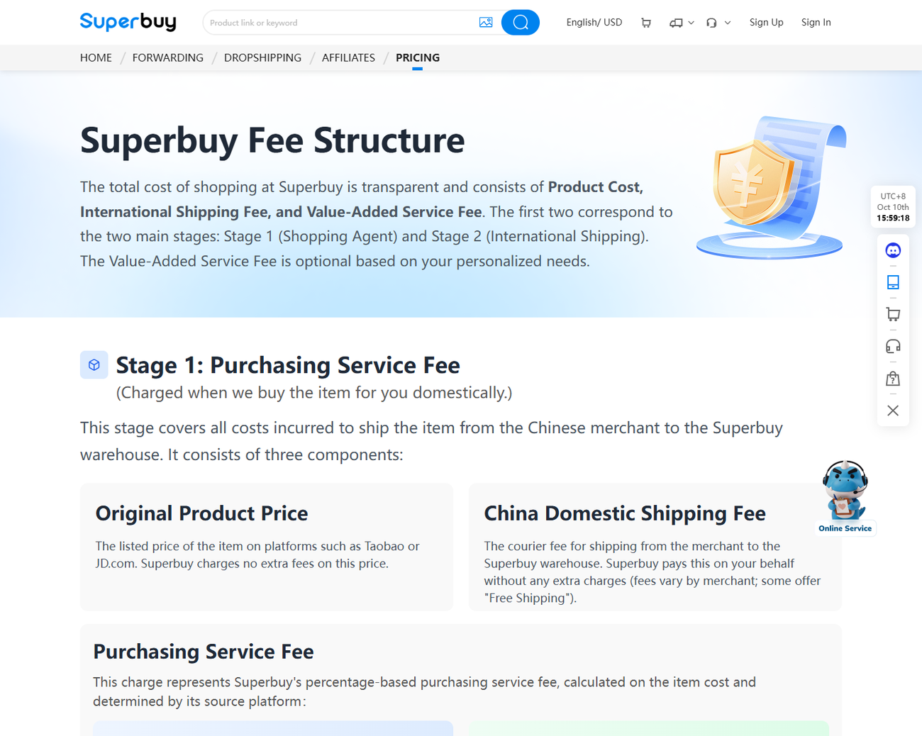 Superbuy's pricing page showing the total split into a purchasing stage and an international shipping stage
