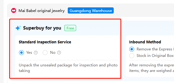 The standard inspection question on the order screen, marked free, with a yes and a no and a line explaining that yes means unsealed packaging is opened for inspection and photos