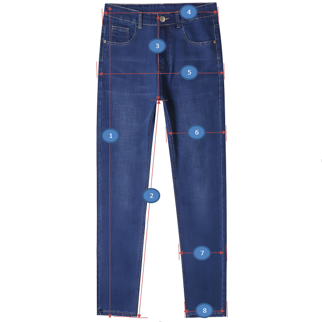 A pair of jeans marked with numbered measurement points for waist, rise, thigh and inseam