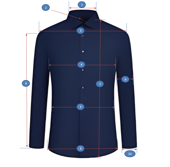 A navy shirt marked with ten numbered measurement points