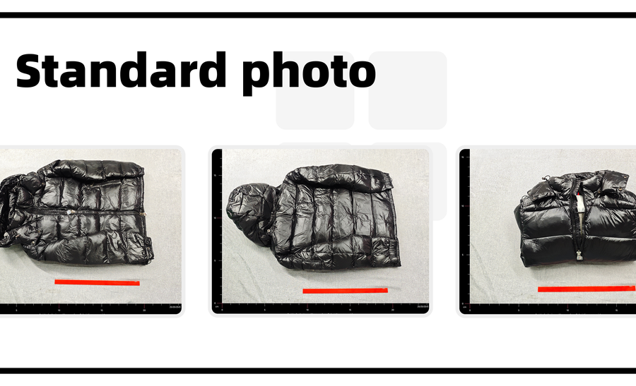 Three warehouse photographs of one black down jacket: laid flat, turned over, and zipped
