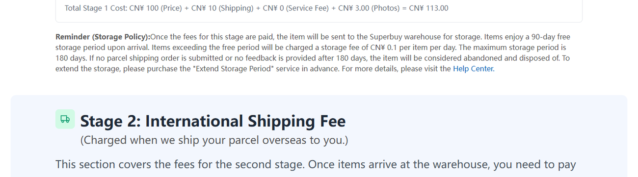 The storage policy reminder printed on the pricing page, stating ninety free days, a daily charge afterwards and disposal at one hundred and eighty